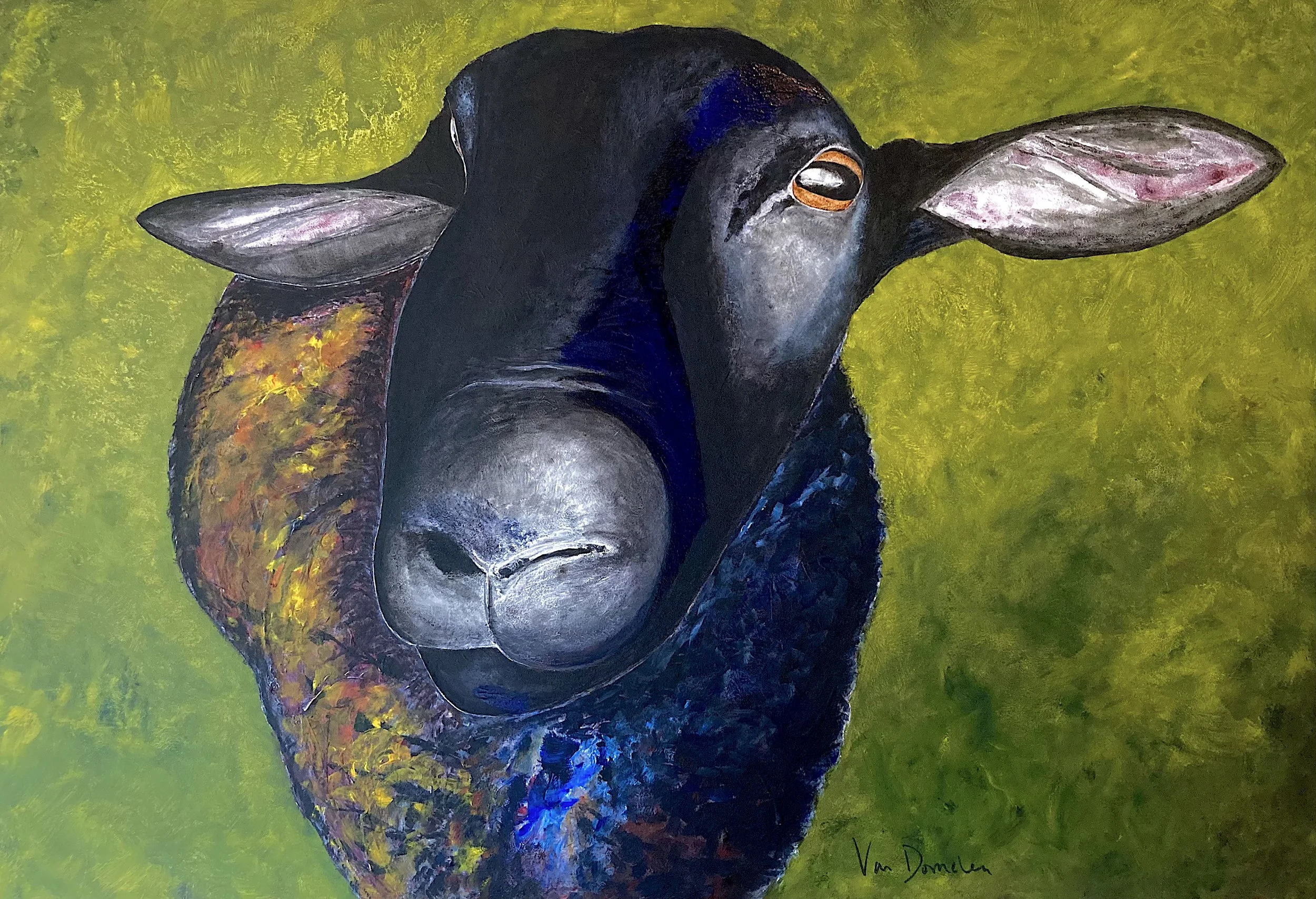 Black ram painting with wool rendered in blues and yellows, high gloss black-blue accents on face, and gold eye against a vibrant green mottled background.