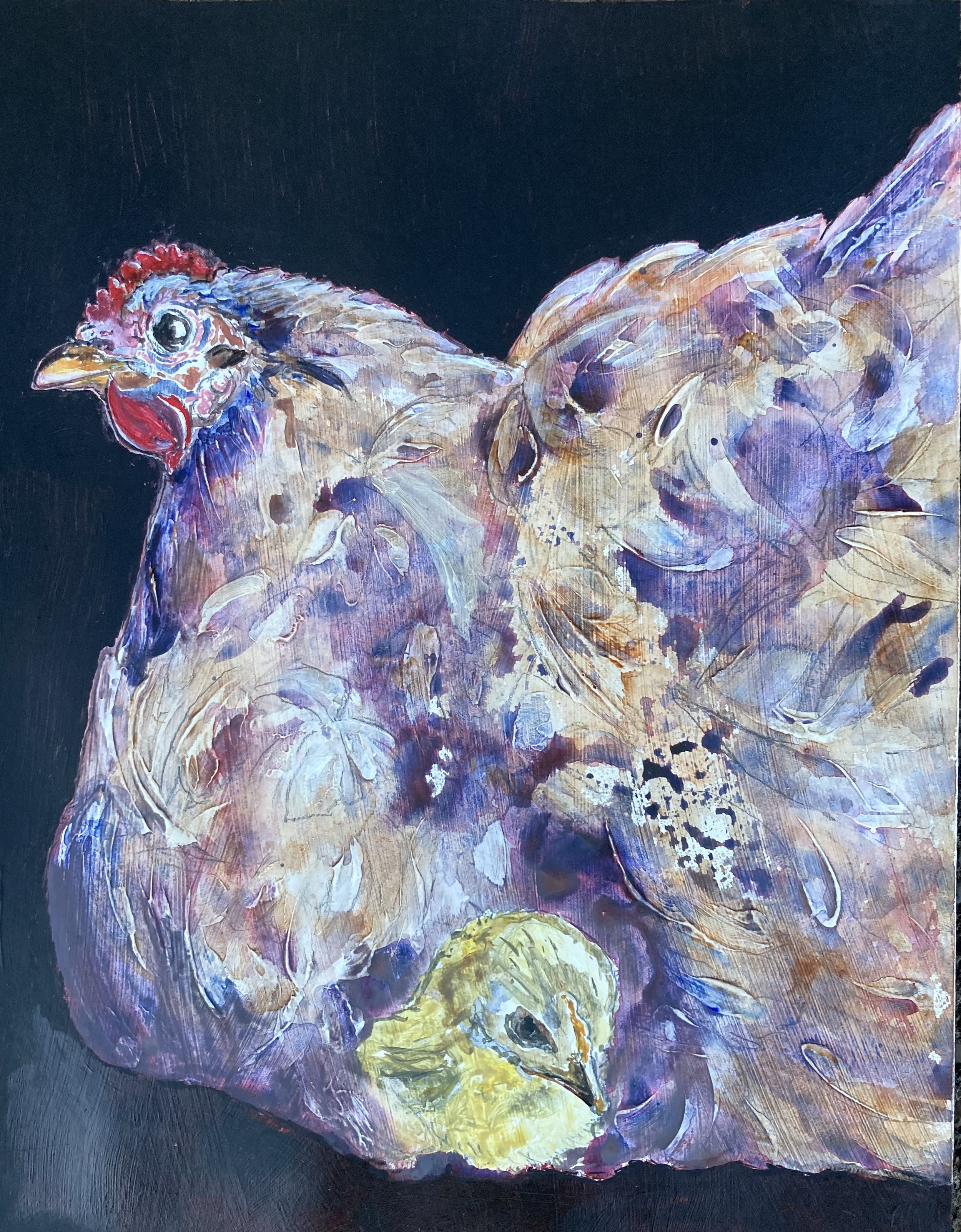 Blue Barnvelder hen rendered in tawny browns and purple against a dramatic black background, with feathers fluffed up and a small yellow chick peeping out.