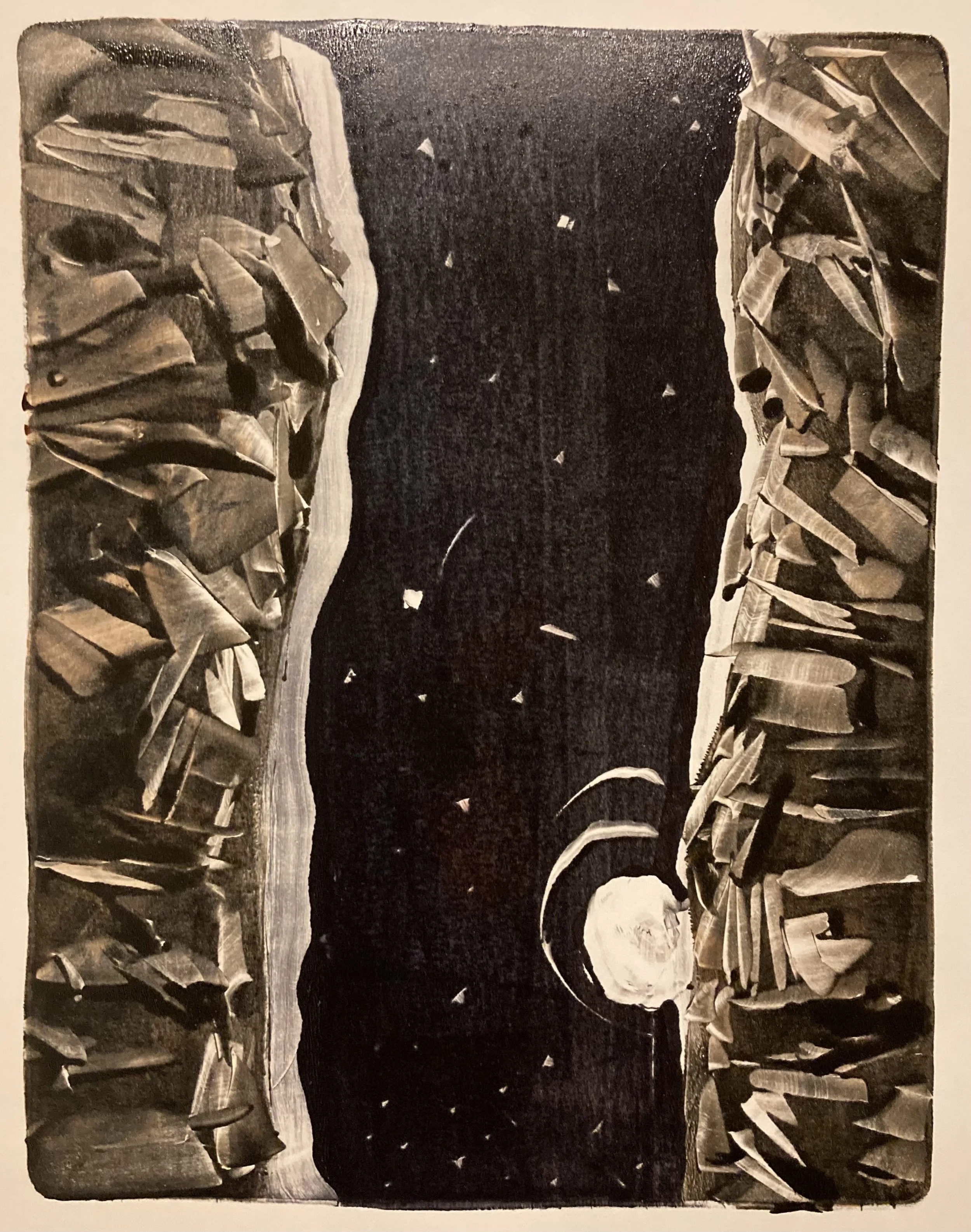 Appears as a sheer rock canyon with textured walls rendered in bronze, rust, gold, and black. A purple black star-studded sky with emerging moon mirrors a river between the canyon walls.