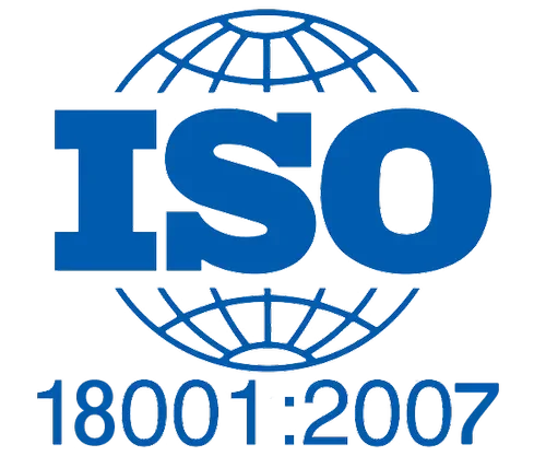 ISO logo with the text 'ISO 18001:2007' underneath, featuring a blue globe design.