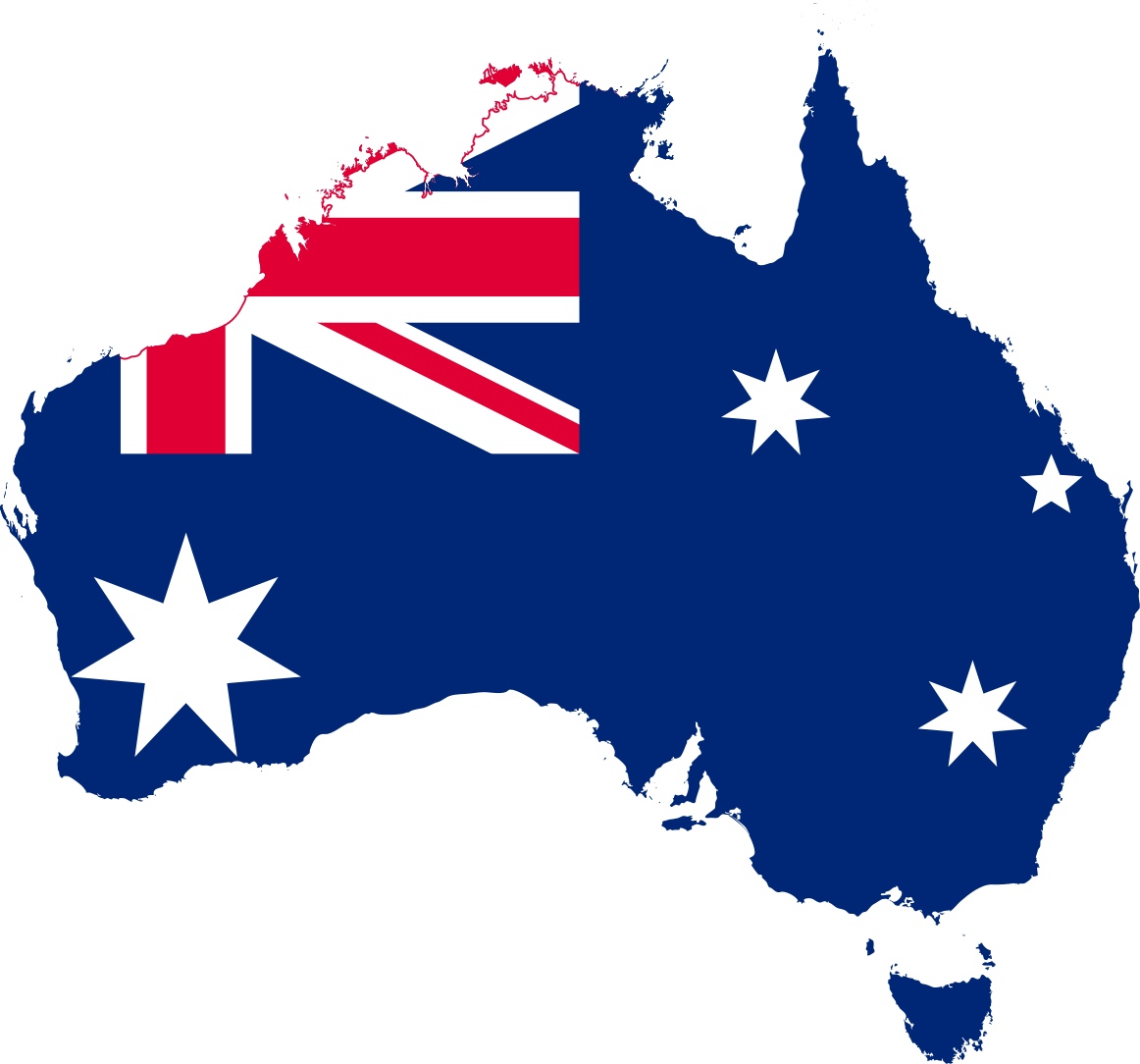 Map of Australia with the Australian flag design overlayed on the country's shape.