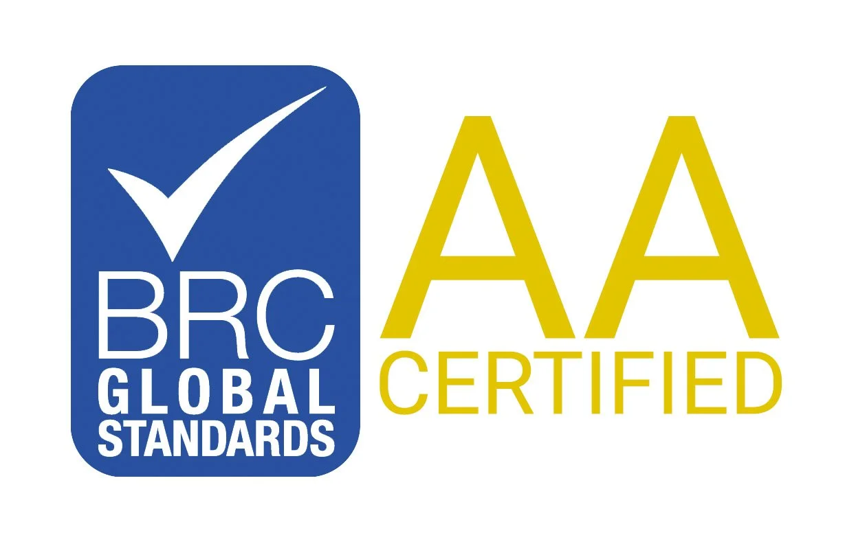 BRC Global Standards logo with a checkmark, alongside large yellow letters 'AA' and the word 'CERTIFIED' underneath.