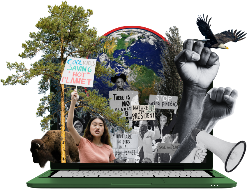 Collage of trees, environmental protesters and American icongraphy seeming to burst from a greep laptop screen
