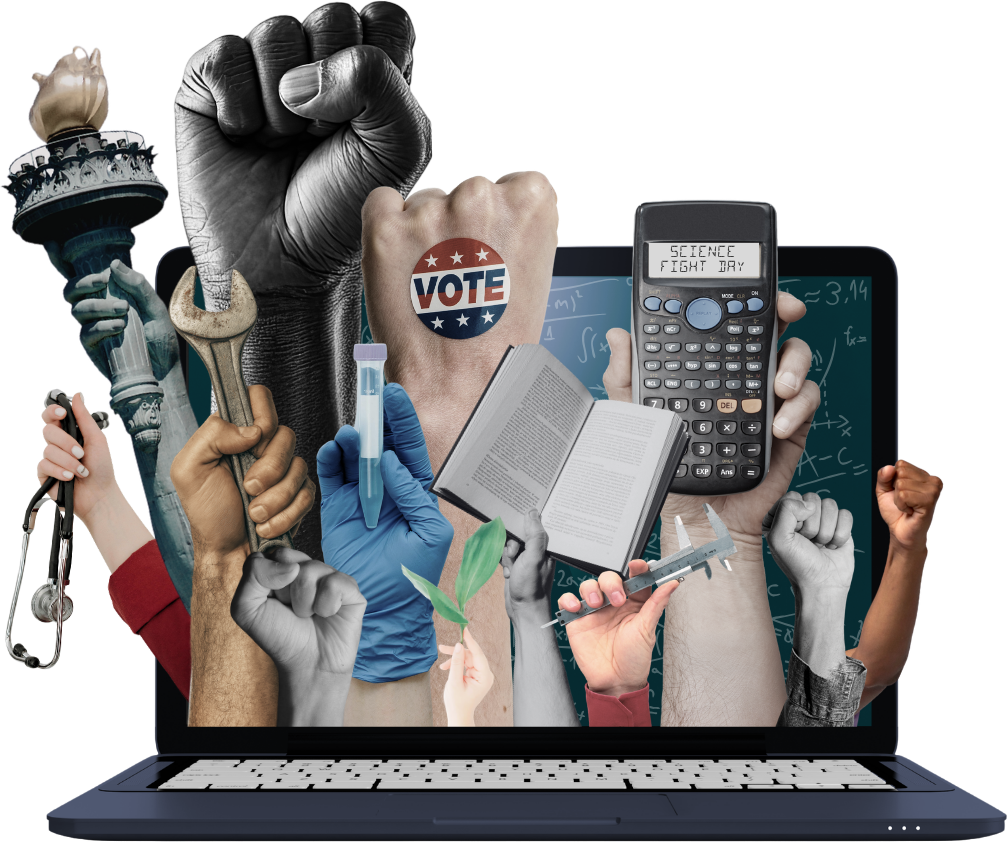 Coolage of fists exploding from a laptop, including some with scientific equipment and The Statue of Liberty with her torch