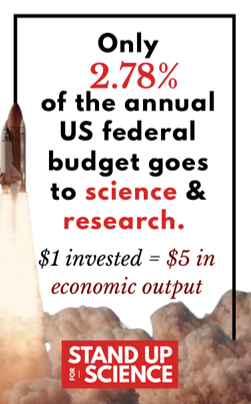 flyer reading only 2.78% of the annual US federal budget goes to science & research. $1 invested = $5 in economic output. Stand Up for Science in red logo at bottom
