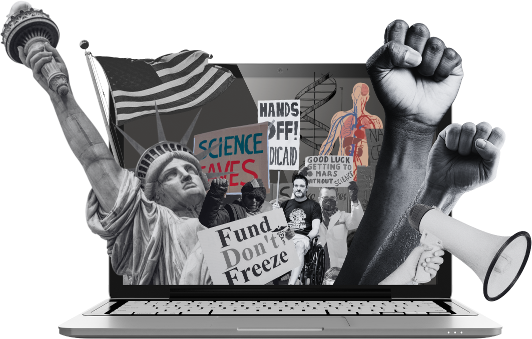 Graphic with a laptop with protest imagery popping out, like a raised fit and American flag