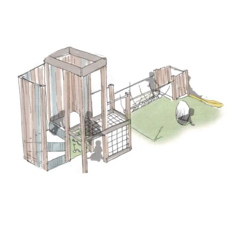 Sketch by Playgreen Design Studio of a wooden play structure with integrated mound slide.