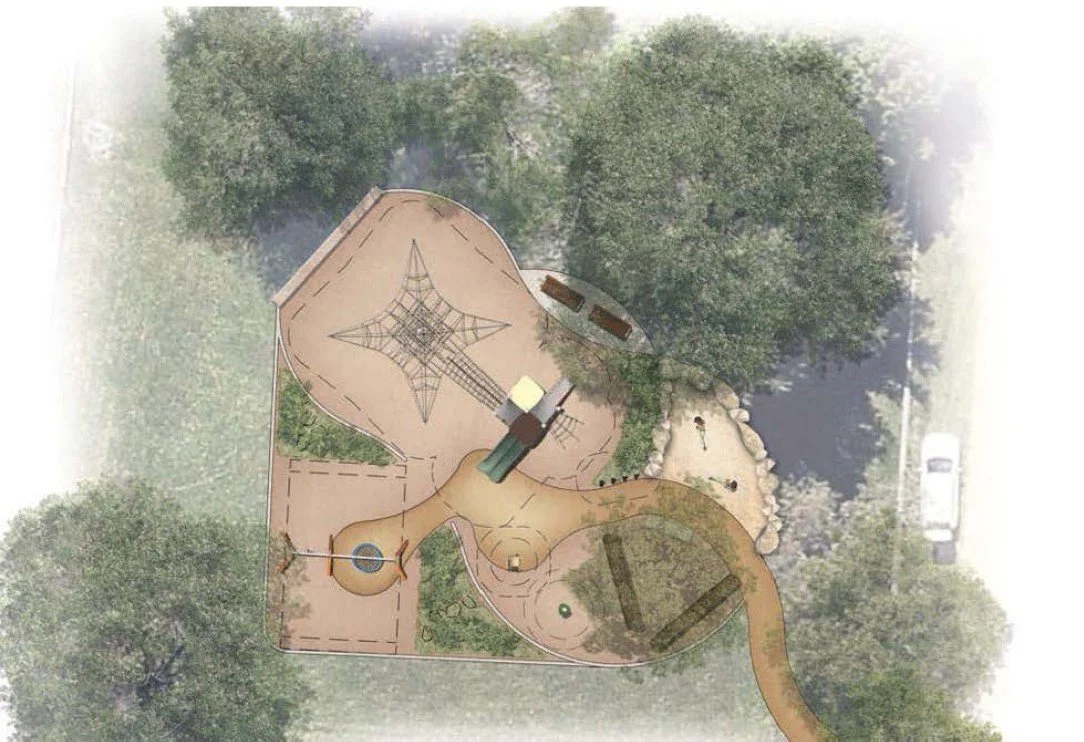 Plan view of playground by Playgreen Design Studio with sandpit, diggers, climbing tower, swings. Playground set in amongst plants and trees. .