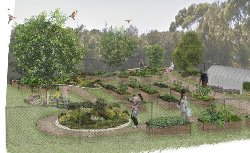 Community garden photo collage by Playgreen Design Studio with raised beds, trees, people gardening, children playing, and birds flying overhead.
