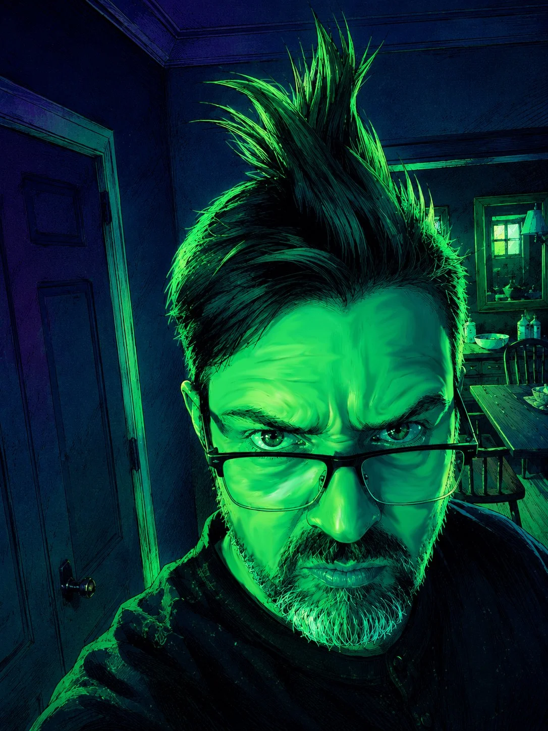 A graphic artist with green lighting on his face, glasses, dark hair pointily tousled, and a beard in a darkened hallway.