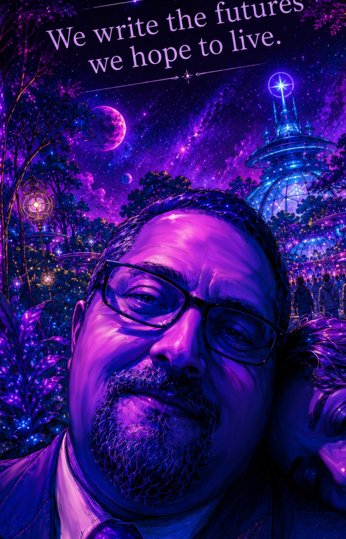 A purple hued digitally illustrated selfie of an author wearing glasses, set against a cosmic music festival background with futuristic structures, and a quote: "We write the futures we hope to live."