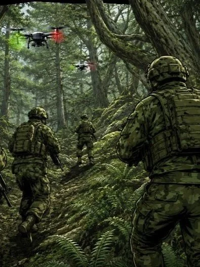 Soldiers in military gear walking through a dense forest while two drones fly overhead.  Searching for the Ancient Ones - Supernatural Sasquatches.