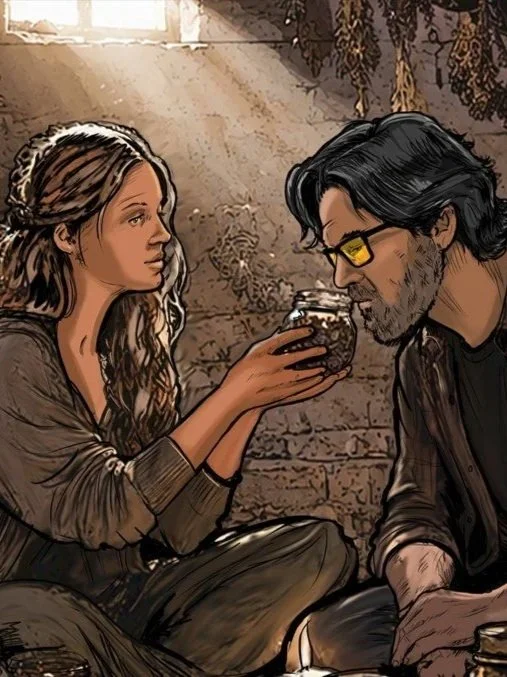 A teenage girl with long wavy flowered hair offering a glass of dark liquid for an author with dark hair and glasses to smell, in a basement with flowers and herbs hanging above, sunlight streaming in through an upper window.