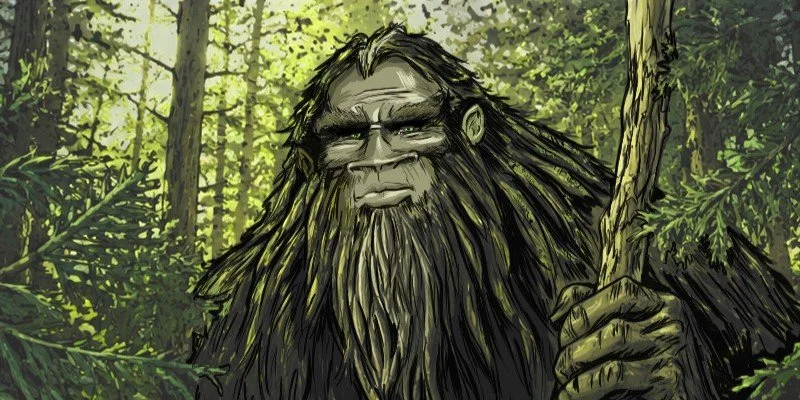 Animated illustration of a Sasquatch, in a bright dense forest setting, wise-looking, with six atypical nostrils.