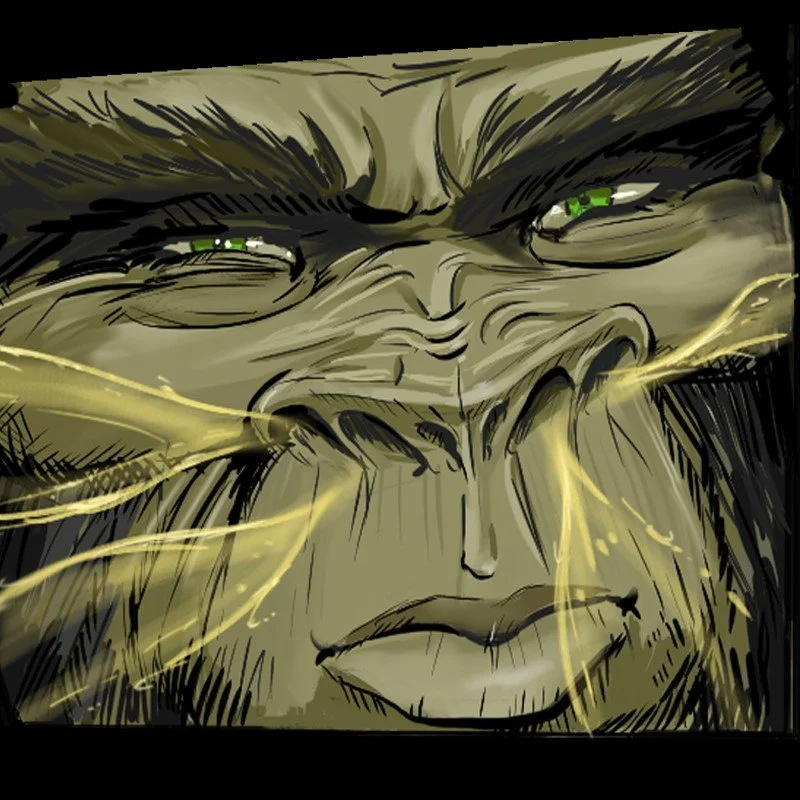 Close-up of a sasquatch face with intense green eyes, stern brow, and a serious expression, with transparent wispy yellow aromas being inhaled into a nose with 6 symmetrical nostrils.