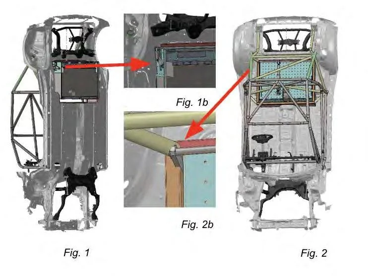 Vehicle underside diagrams showing prototype stowage compartment framing, with detail views of mounting and clearance.