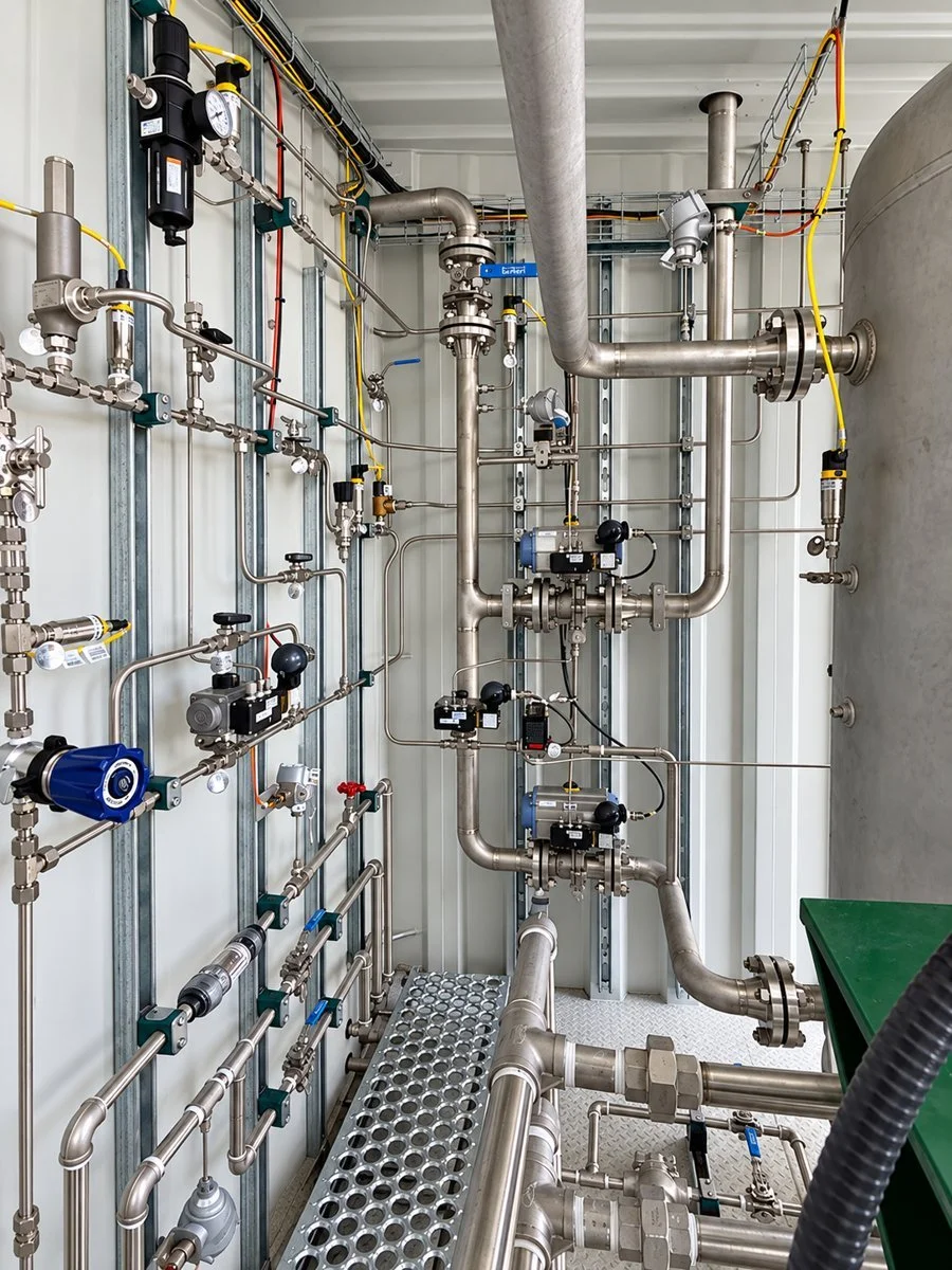 Prototype piping, valves, and instrumentation mounted to structural framing inside a containerized system.