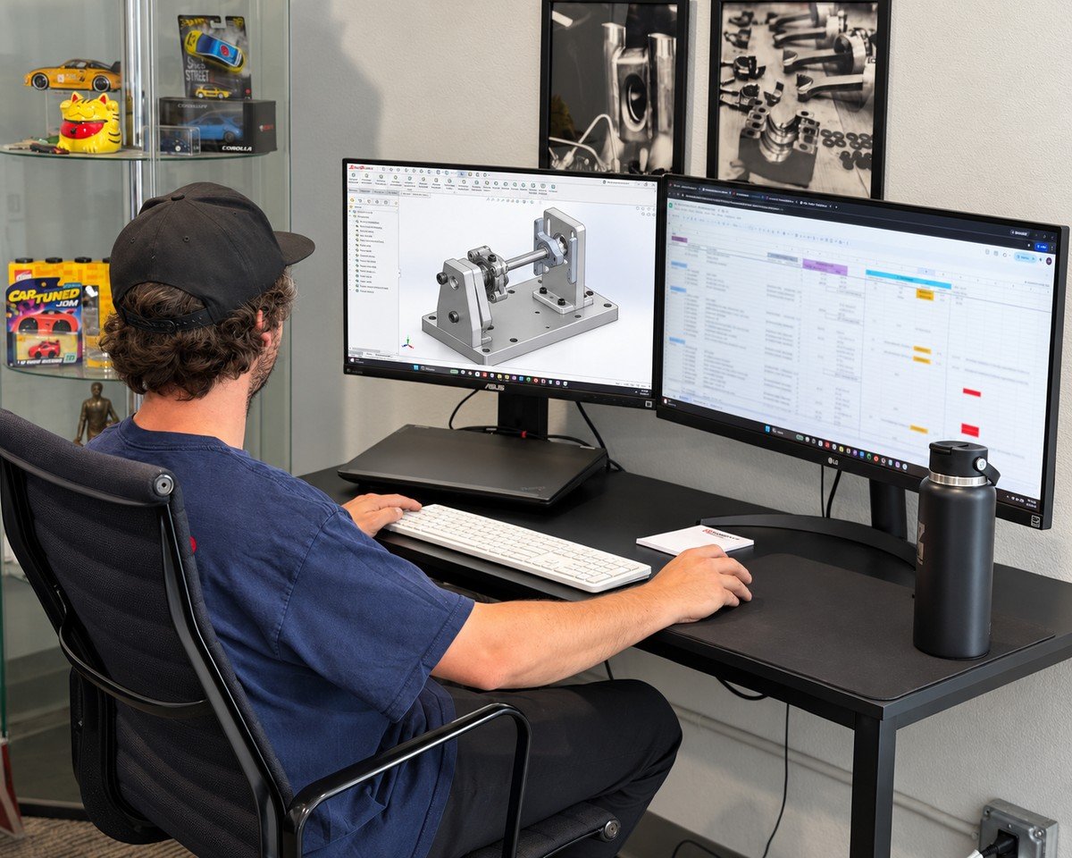 Engineer working on a CAD assembly at a dual-monitor workstation at Papadakis Engineering.