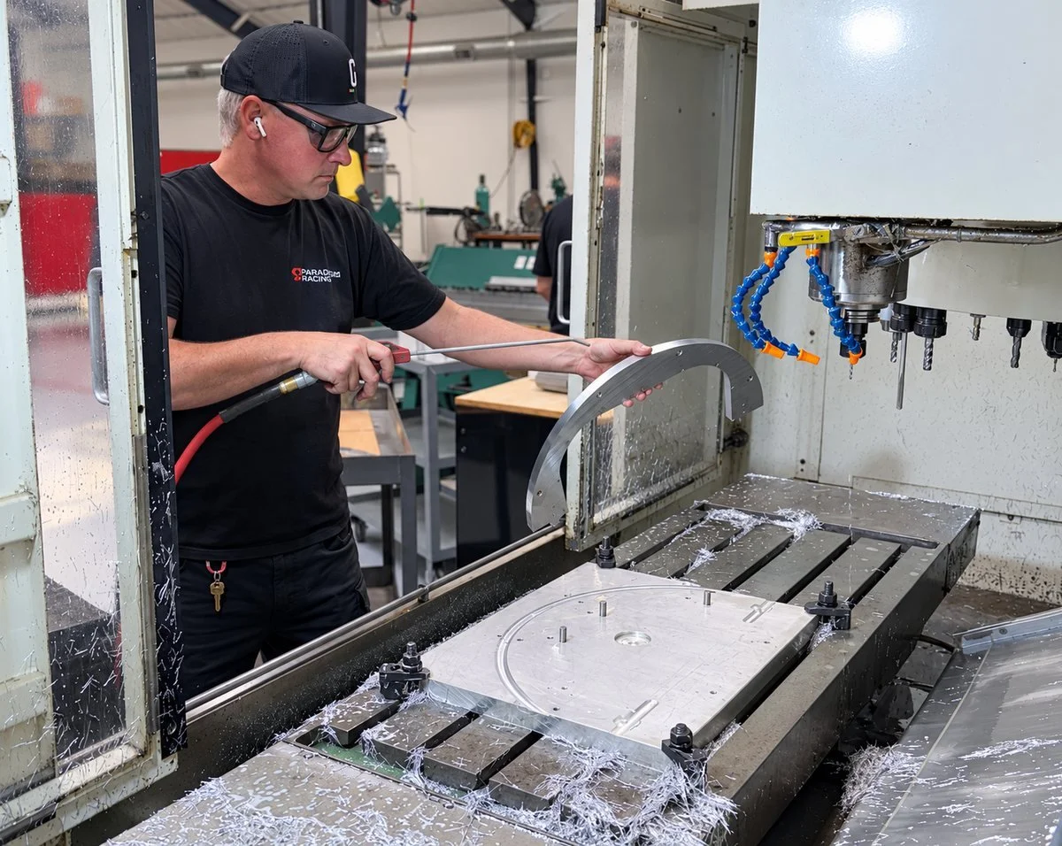 Machinist working inside a CNC vertical machining center with an aluminum workpiece on the machine table.