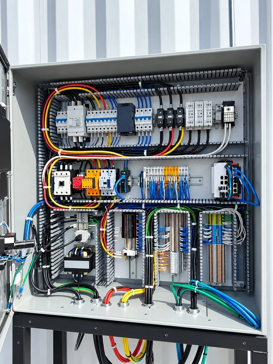 Representative edited image of an industrial electrical cabinet with wiring, controls, and terminal blocks.