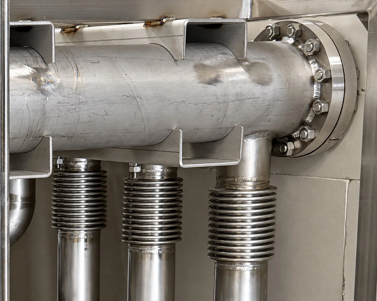 Energy prototype stainless steel piping assembly with expansion bellows, welded supports, and a bolted flange.