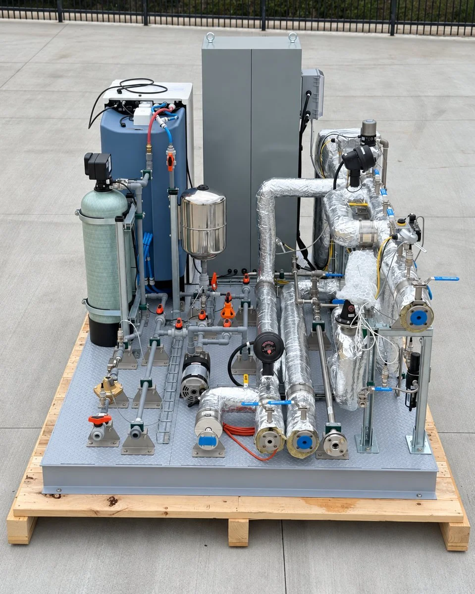 Prototype equipment skid with piping, insulated components, vessels, and a control cabinet.