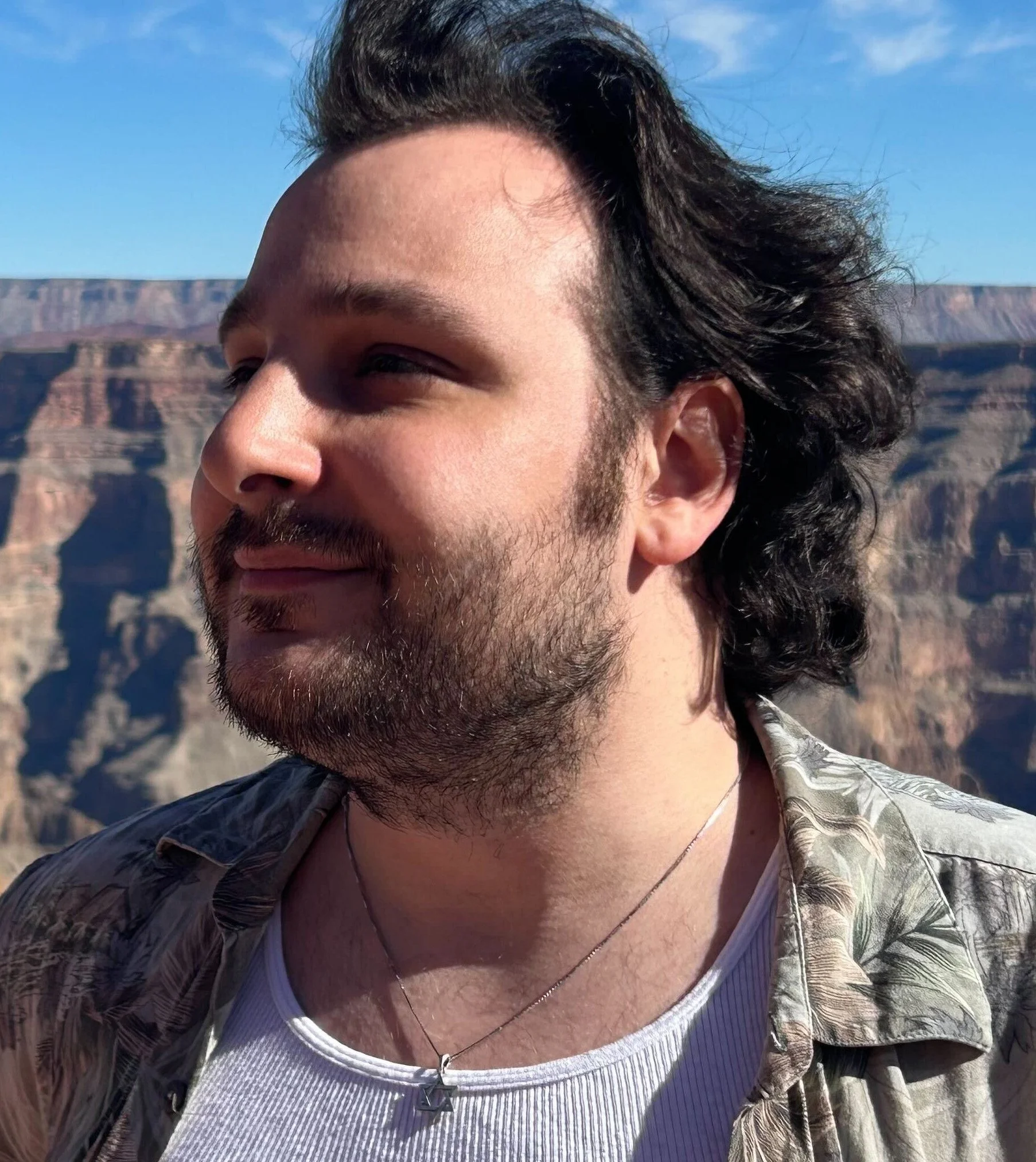 Close-up of a man's face and upper body outdoors with the Grand Canyon in the background, wearing a patterned shirt and a star-shaped pendant on a necklace.