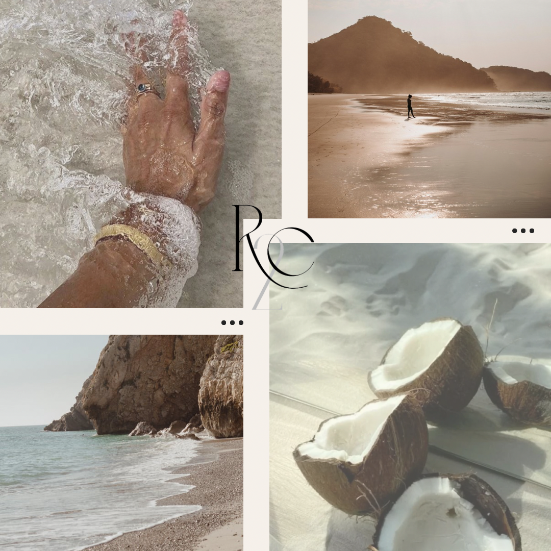 Collage of beach scenes: a hand in the water, a person walking on the beach, a rocky coastline with ocean waves, and halved coconuts on the sand.