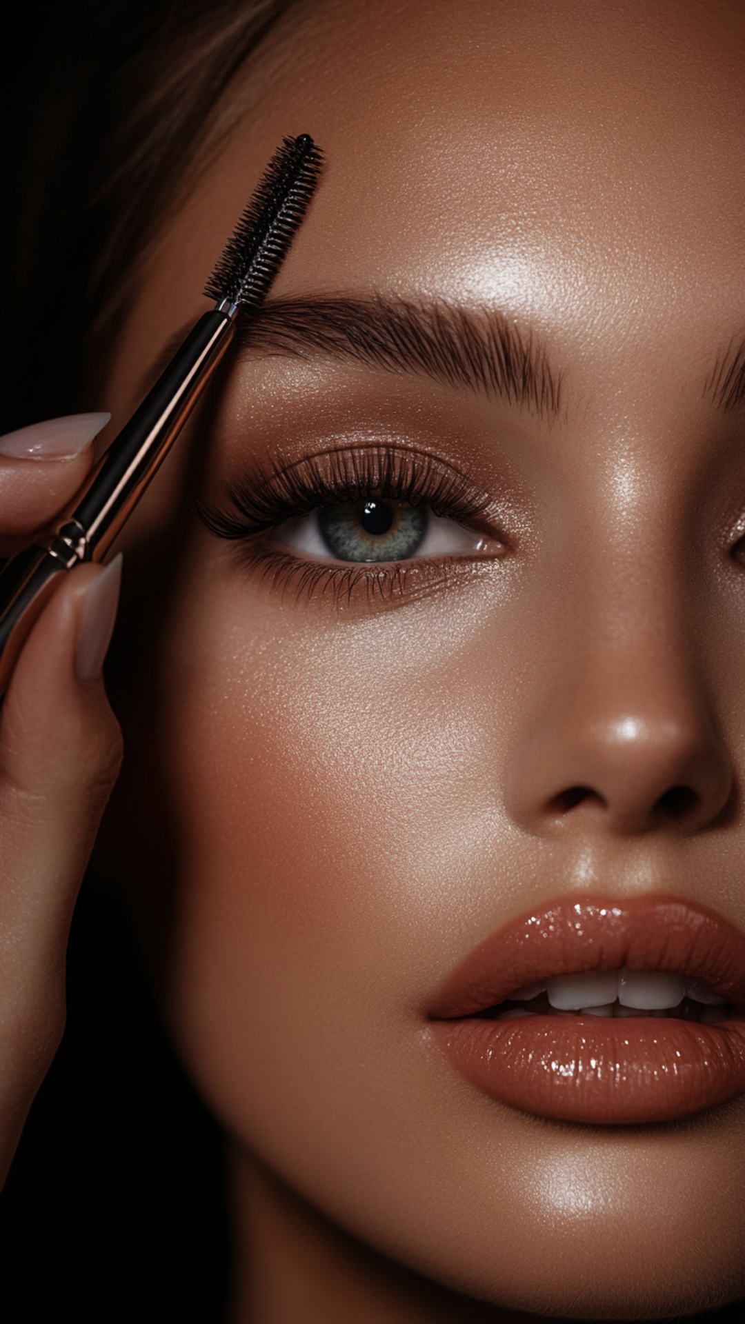 Close-up of a woman with blue eyes, applying or grooming her eyebrow with a spoolie brush, featuring smooth skin, glossy lips, and natural makeup.