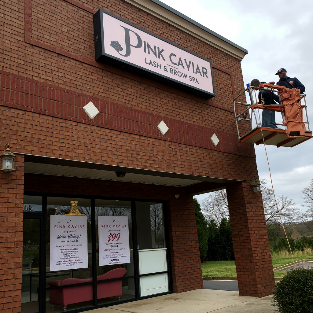 A worker is on a cherry picker installing a sign for Pink Caviar Lash & Brow Spa on the exterior brick wall of a building. The sign displays the spa's name and logo.