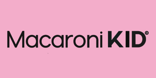 Pink background with black and bold text reading 'Macaroni KID'.
