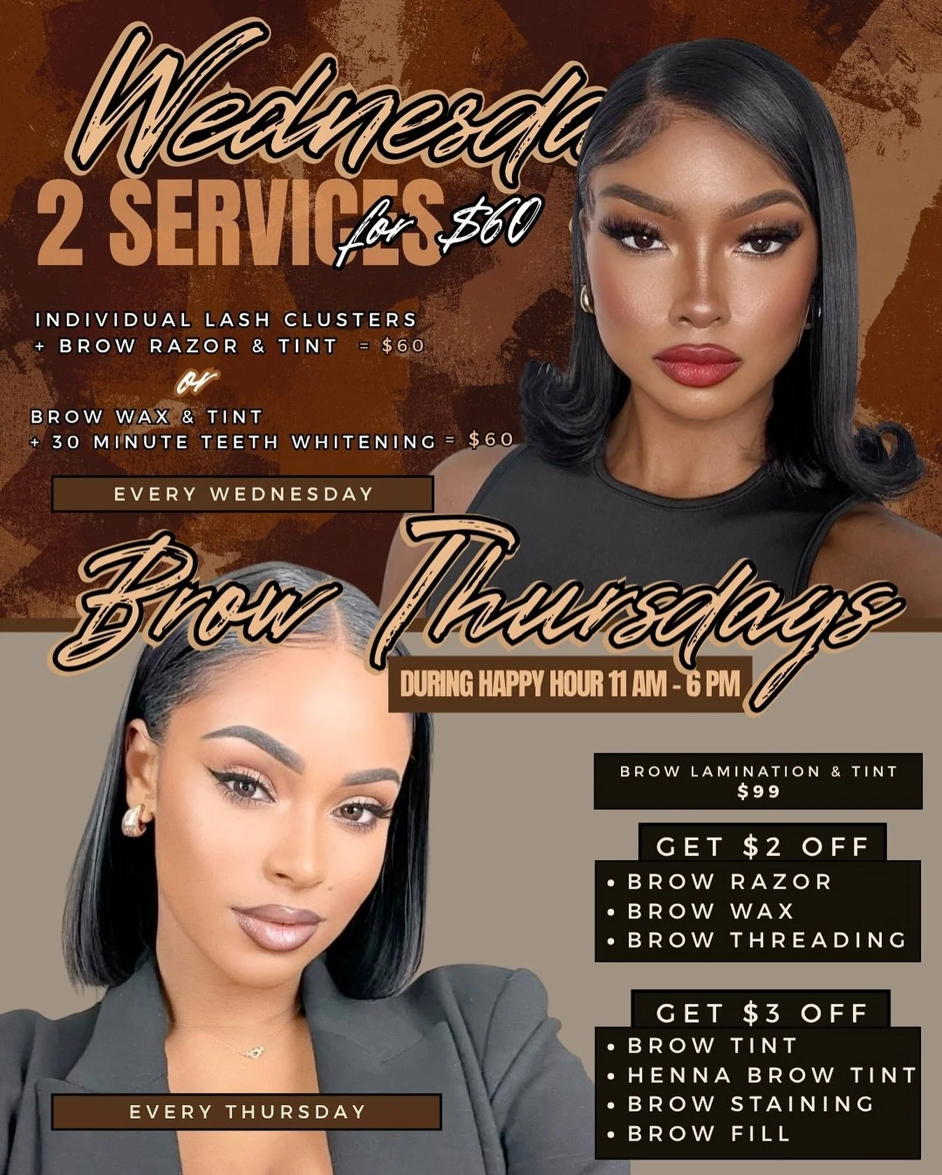 𝗠𝗶𝗱𝘄𝗲𝗲𝗸 𝗴𝗹𝗼𝘄-𝘂𝗽? 𝗦𝗮𝘆 𝗹𝗲𝘀𝘀 💅🏽
✨ 𝗪𝗲𝗱𝗻𝗲𝘀𝗱𝗮𝘆𝘀: 𝟮 𝘀𝗲𝗿𝘃𝗶𝗰𝗲𝘀 𝗳𝗼𝗿 $𝟲𝟬
✨ 𝗧𝗵𝘂𝗿𝘀𝗱𝗮𝘆𝘀: 𝗕𝗿𝗼𝘄 𝗛𝗮𝗽𝗽𝘆 𝗛𝗼𝘂𝗿 𝟭𝟭 𝗔𝗠&ndash;𝟲 𝗣𝗠

𝗕𝗲𝗰𝗮𝘂𝘀𝗲 𝗮𝗳𝗳𝗼𝗿𝗱𝗮𝗯𝗹𝗲 𝗹𝘂𝘅𝘂𝗿𝘆 𝗶𝘀 𝗮𝗹𝘄𝗮𝘆𝘀