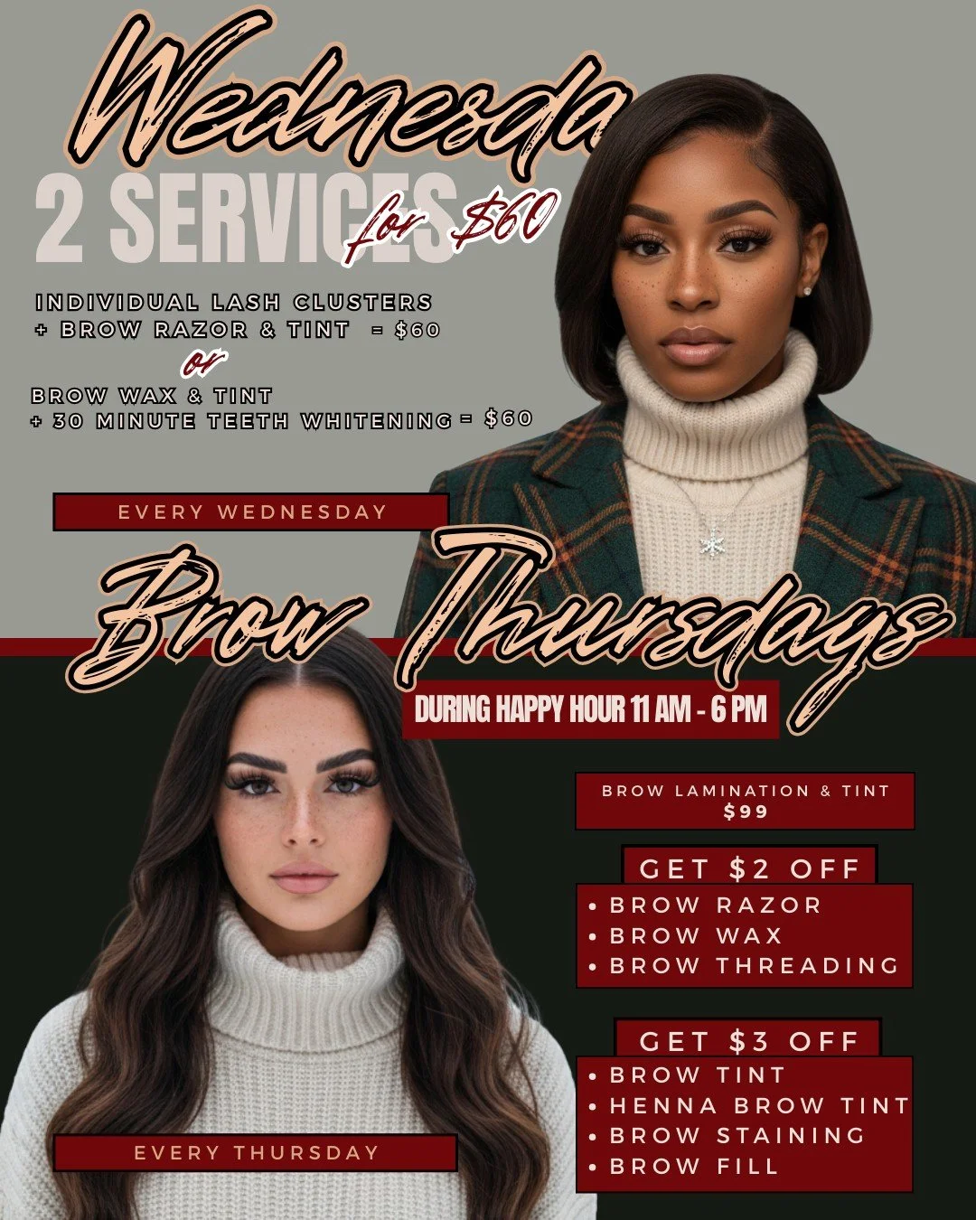 𝗠𝗶𝗱𝘄𝗲𝗲𝗸 𝗴𝗹𝗼𝘄-𝘂𝗽 𝗲𝗻𝗲𝗿𝗴𝘆 ✨

𝗪𝗲𝗱𝗻𝗲𝘀𝗱𝗮𝘆𝘀: 
𝘗𝘪𝘤𝘬 𝘺𝘰𝘶𝘳 2 𝘧𝘰𝘳 $60 𝘤𝘰𝘮𝘣𝘰 &mdash; 𝘓𝘢𝘴𝘩 𝘊𝘭𝘶𝘴𝘵𝘦𝘳𝘴 + 𝘉𝘳𝘰𝘸 𝘙𝘢𝘻𝘰𝘳 &amp; 𝘛𝘪𝘯𝘵 𝘖𝘙 𝘉𝘳𝘰𝘸 𝘞𝘢𝘹 &amp; 𝘛𝘪𝘯𝘵 + 30-𝘮𝘪𝘯 𝘛𝘦𝘦𝘵𝘩 𝘞𝘩𝘪𝘵𝘦