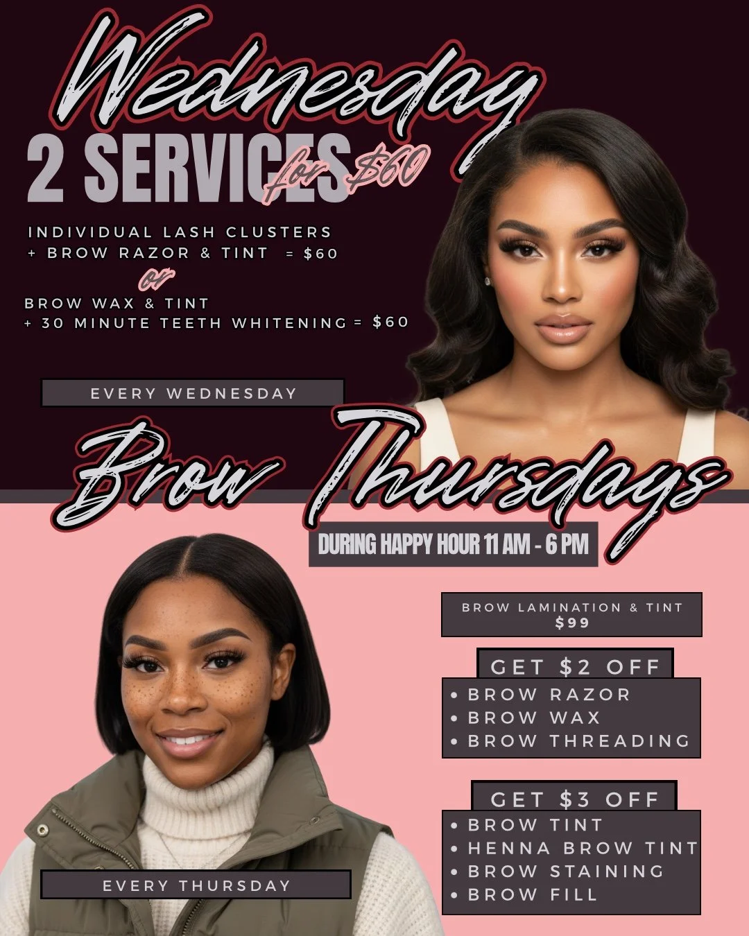 𝗠𝗶𝗱𝘄𝗲𝗲𝗸 𝗴𝗹𝗼𝘄-𝘂𝗽 𝘀𝘁𝗮𝗿𝘁𝘀 𝗵𝗲𝗿𝗲 💕

Wednesday = 2 services for $60&hellip; Thursday = Brow Happy Hour deals all day!

Lashes, brows, whitening &mdash; Pink Caviar Spa has you covered. Book your spot before it&rsquo;s gone ✨

#PinkC