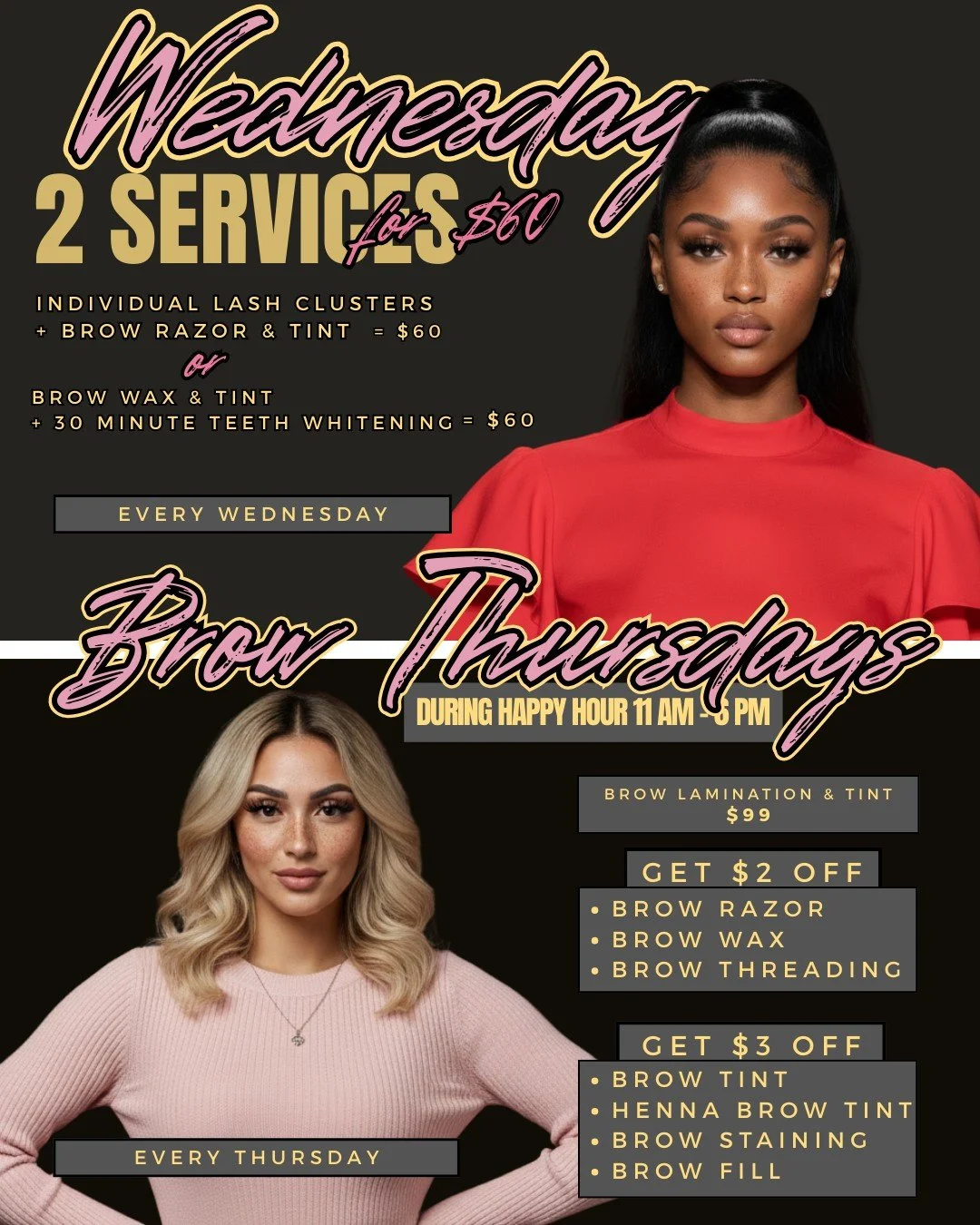 Midweek glow-ups just hit different ✨ 

Every Wednesday at Pink Caviar Spa in McDonough, GA we&rsquo;re doing 2 Services for $60 (lashes + brows or brows + whitening), and Thursdays are all about Brow Happy Hour from 11AM&ndash;5PM with exclusive dis