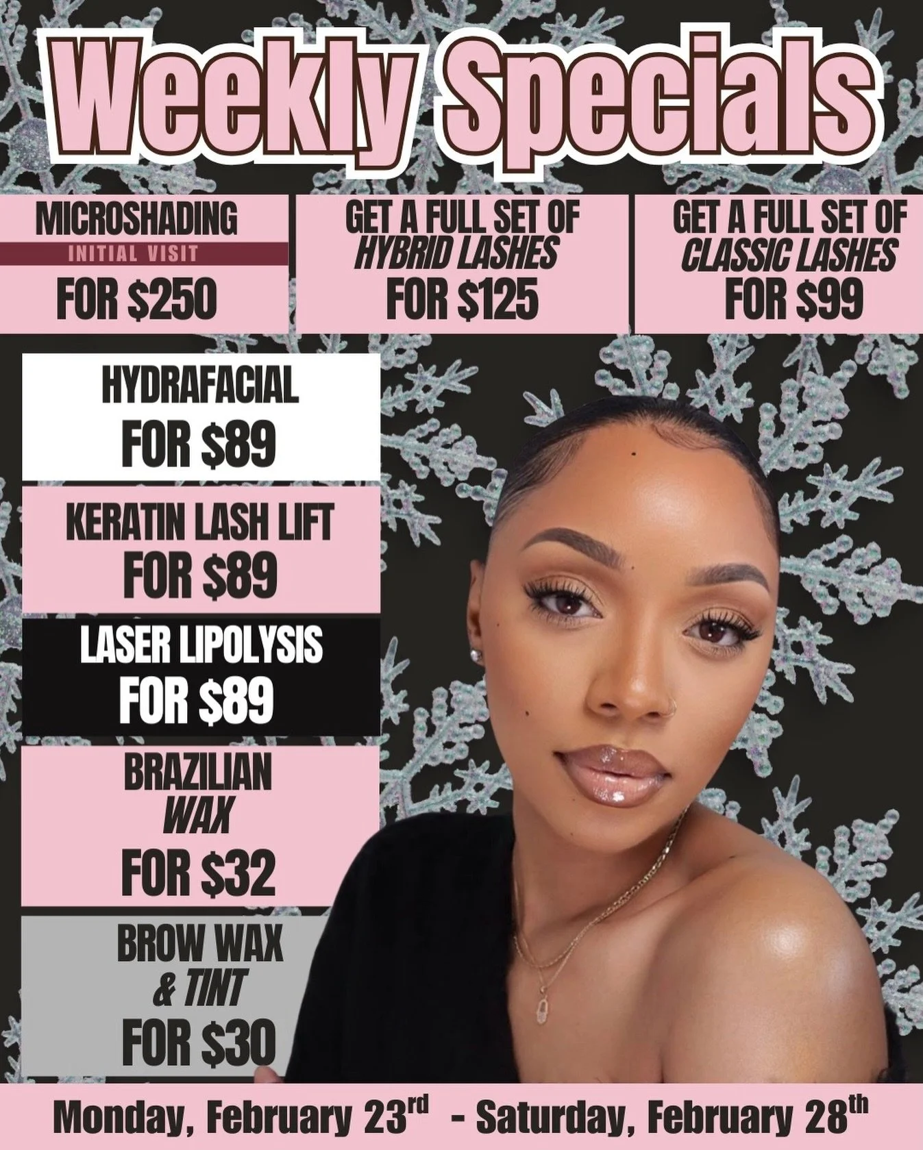 END OF WINTER GLOW ✨

Winter skin. Winter brows. Winter lashes.
Handled.

Full Sets starting at $99
Hydrafacial $89
Microshading $250
Brazilian $32

This is your reset before spring hits.
Limited availability this week &mdash; especially evenings + S
