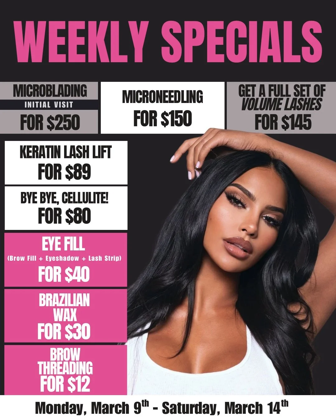 Your glow-up schedule is set. ✨

From volume lashes and microneedling to brow threading and Brazilian wax, these weekly specials make luxury beauty easier to book.

#AtlantaSpa #McDonoughBeauty #HenryCountyBeauty #AtlantaLashes #AtlantaBrows