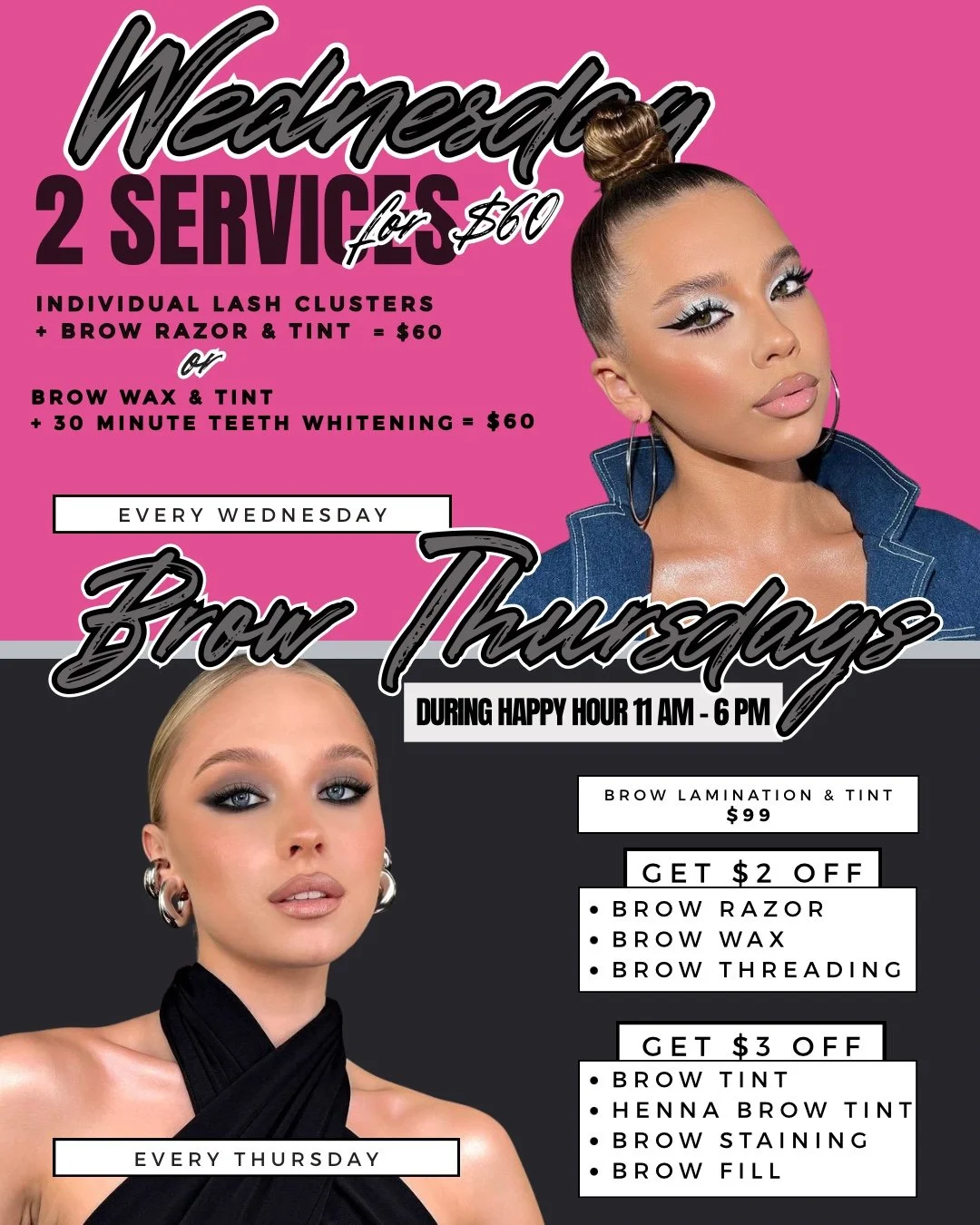 Midweek maintenance starts here. ✨

Every Wednesday get 2 services for $60 to refresh your lashes, brows, and smile. Then come back Thursday for Brow Thursday Happy Hour (11AM&ndash;6PM) and keep your brows flawless.

#AtlantaBeauty #McDonoughGA #Hen
