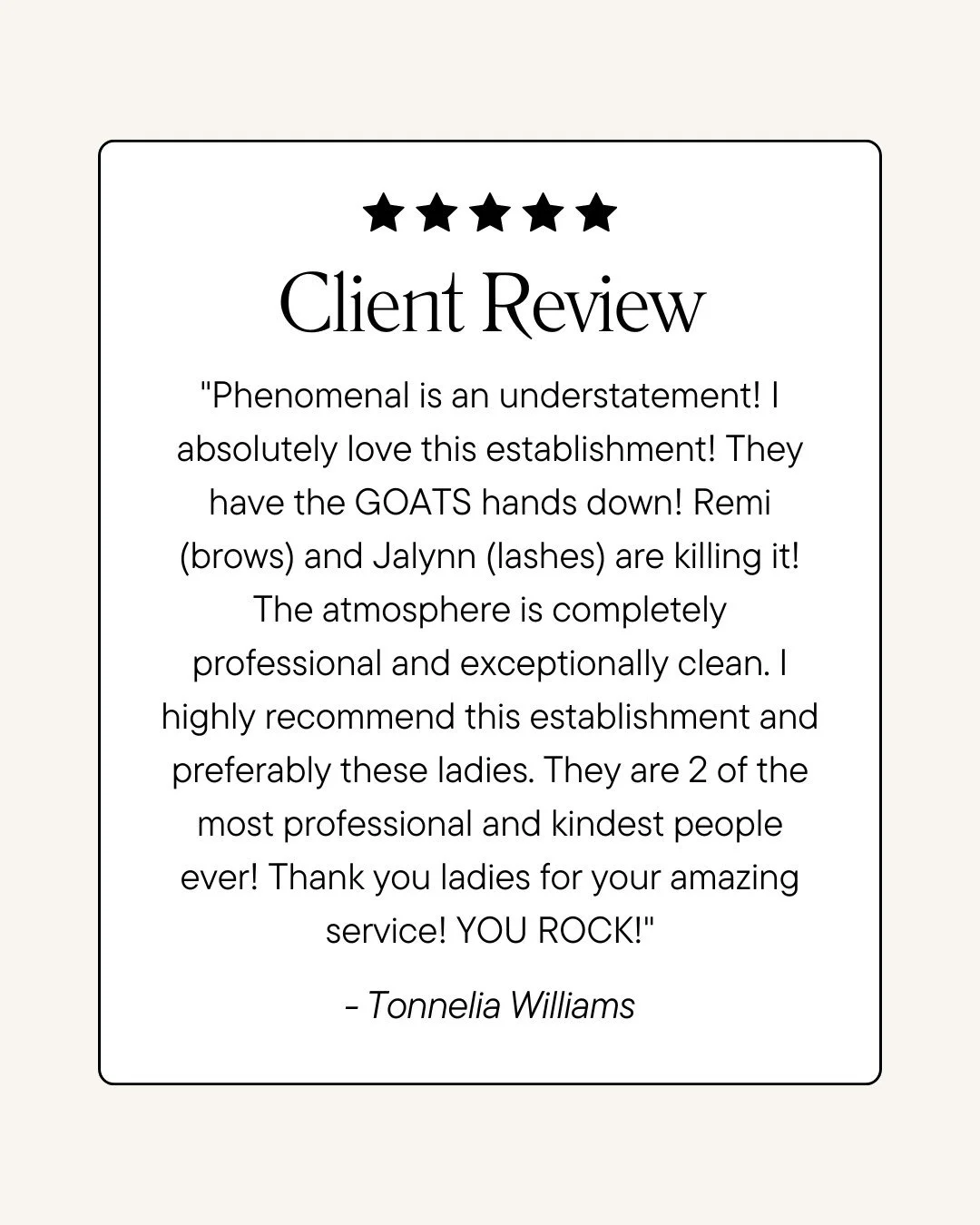 &ldquo;Phenomenal is an understatement&rdquo; ⭐⭐⭐⭐⭐

When our clients speak, we listen&hellip; and this is exactly what we strive for every single day 💕

From lashes to brows, our team is dedicated to delivering results AND an experience you&rsquo;l
