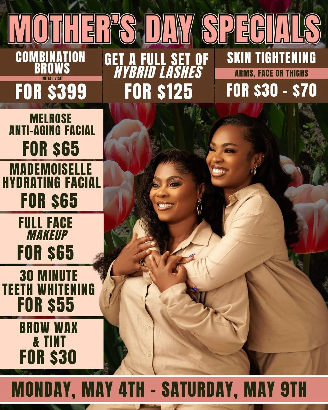 Mother&rsquo;s Day is coming&hellip; and these deals are TOO good to miss 💐✨

From lashes to brows to facials, we&rsquo;ve got everything you need to feel put together, refreshed, and taken care of &mdash; without overspending.

Appointments will go