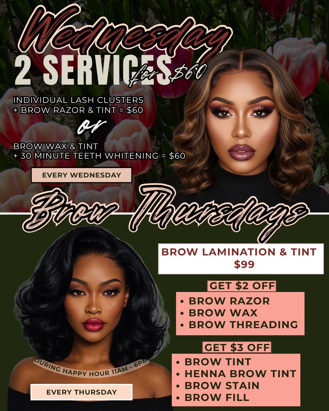 Your midweek reset just got better 💁🏽&zwj;♀️

Wednesdays = 2 services for $60
Thursdays = Brow deals all day

Brows, lashes, whitening &mdash; all in one place, all at a price that makes sense.

Stop waiting until the weekend&hellip;
come get right