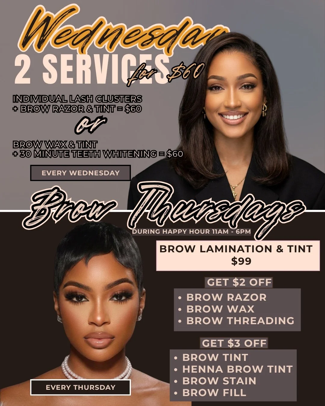 Midweek maintenance just got better 👀✨

Tap into our Wednesday &amp; Thursday beauty specials featuring lashes, brows, teeth whitening &amp; more 💕

Cute, polished, and budget-friendly? Say less. Limited appointments available&mdash;book ahead!

#B
