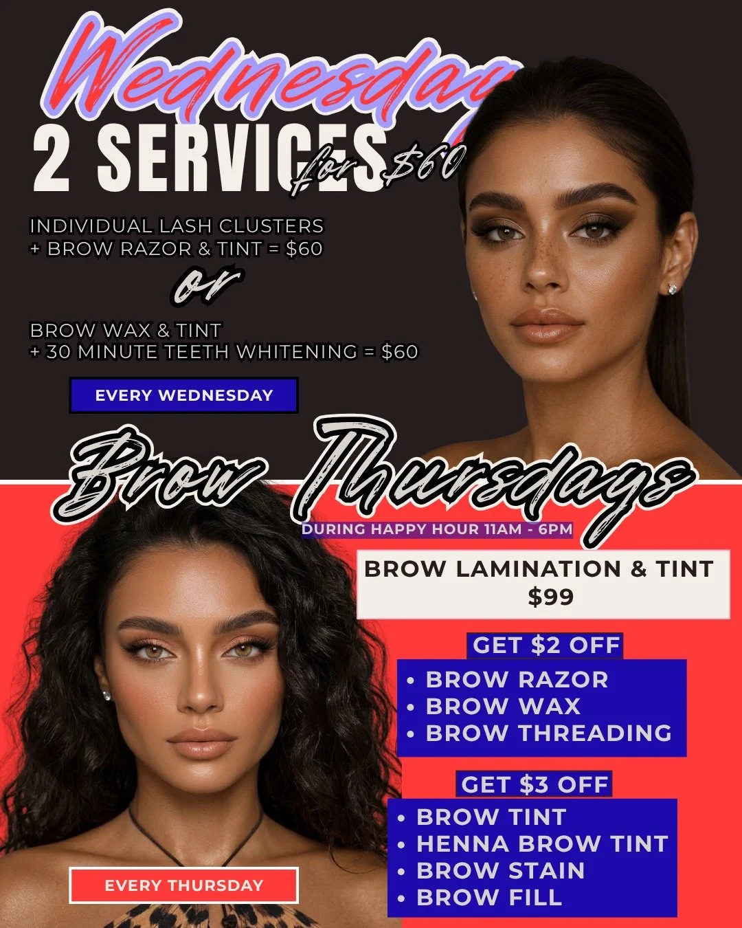 Midweek maintenance just got easier 💋✨

Introducing our Wednesday + Brow Thursday specials at Pink Caviar 👀

💖 Wednesdays
Choose 2 services for ONLY $60
&bull; Lash Clusters + Brow Razor &amp; Tint
OR
&bull; Brow Wax &amp; Tint + 30 Min Teeth Whit
