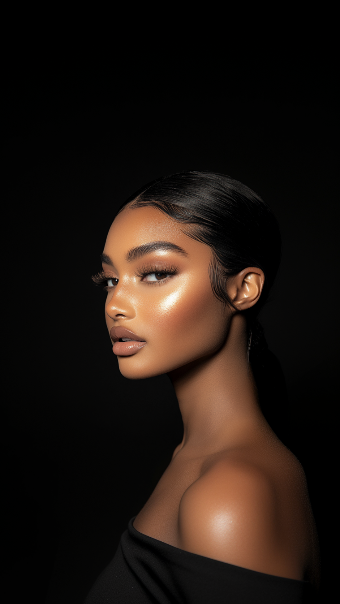 A portrait of a woman with glowing skin, sleek black hair styled in waves, and subtle makeup, against a black background.