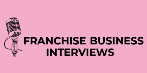 Pink background with a vintage microphone illustration and the text 'FRANCHISE BUSINESS INTERVIEWS' in bold black letters.