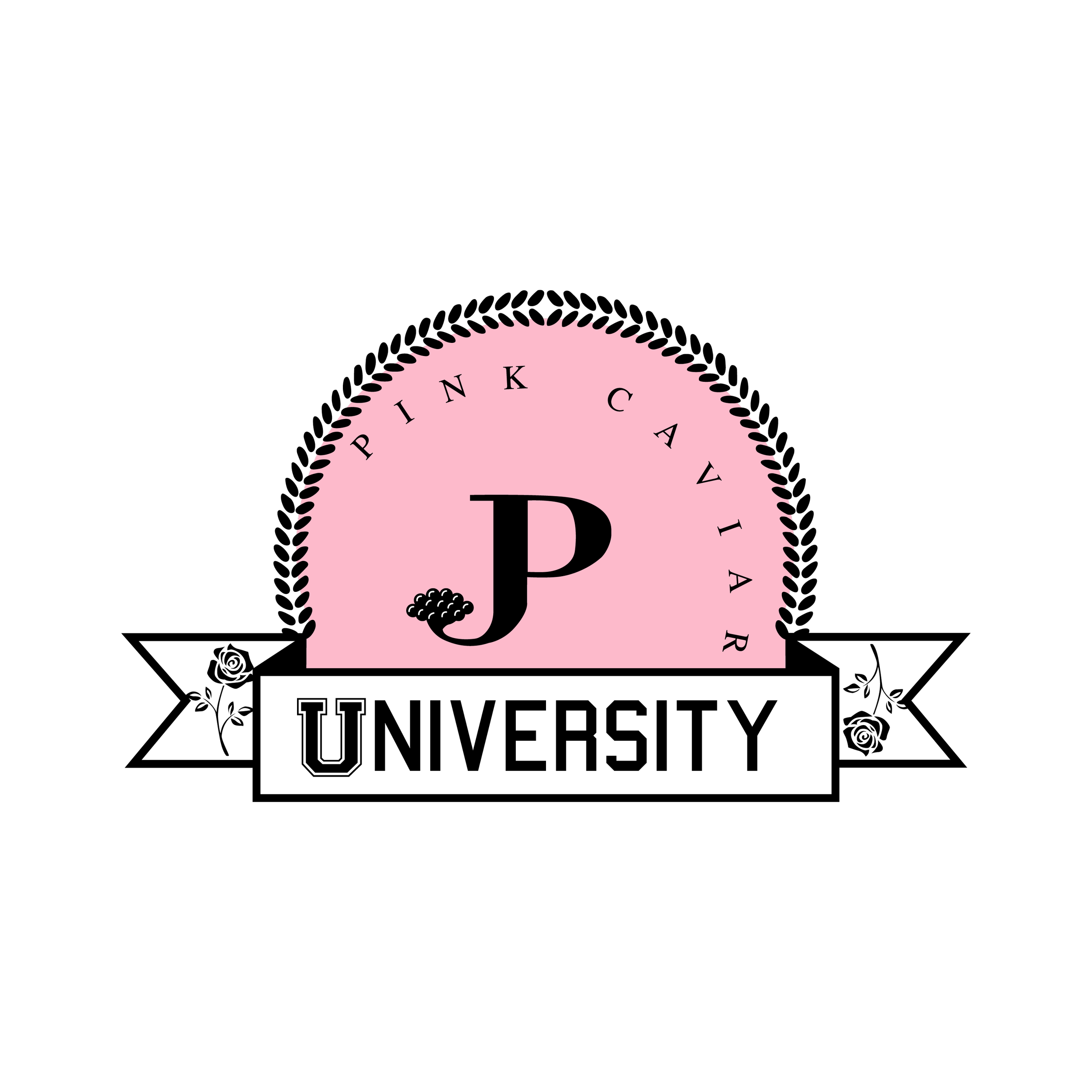 University logo with a pink semicircular background, black text reading 'PINK CAVIAR', a large black 'P' with a small black rose, and a white banner with the word 'UNIVERSITY' flanked by black roses on a black background.