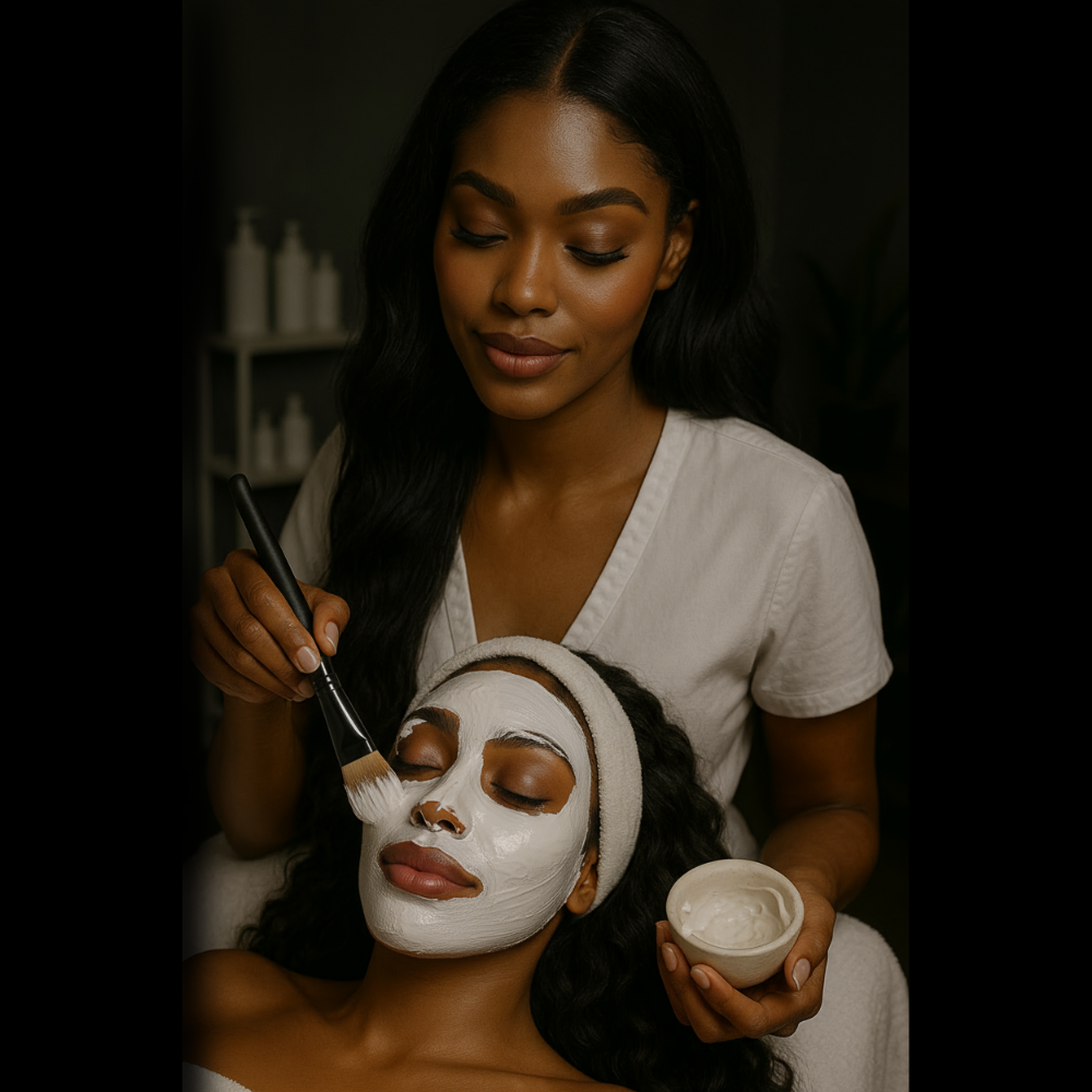 A woman is applying a facial mask to a client at a spa or skincare clinic.