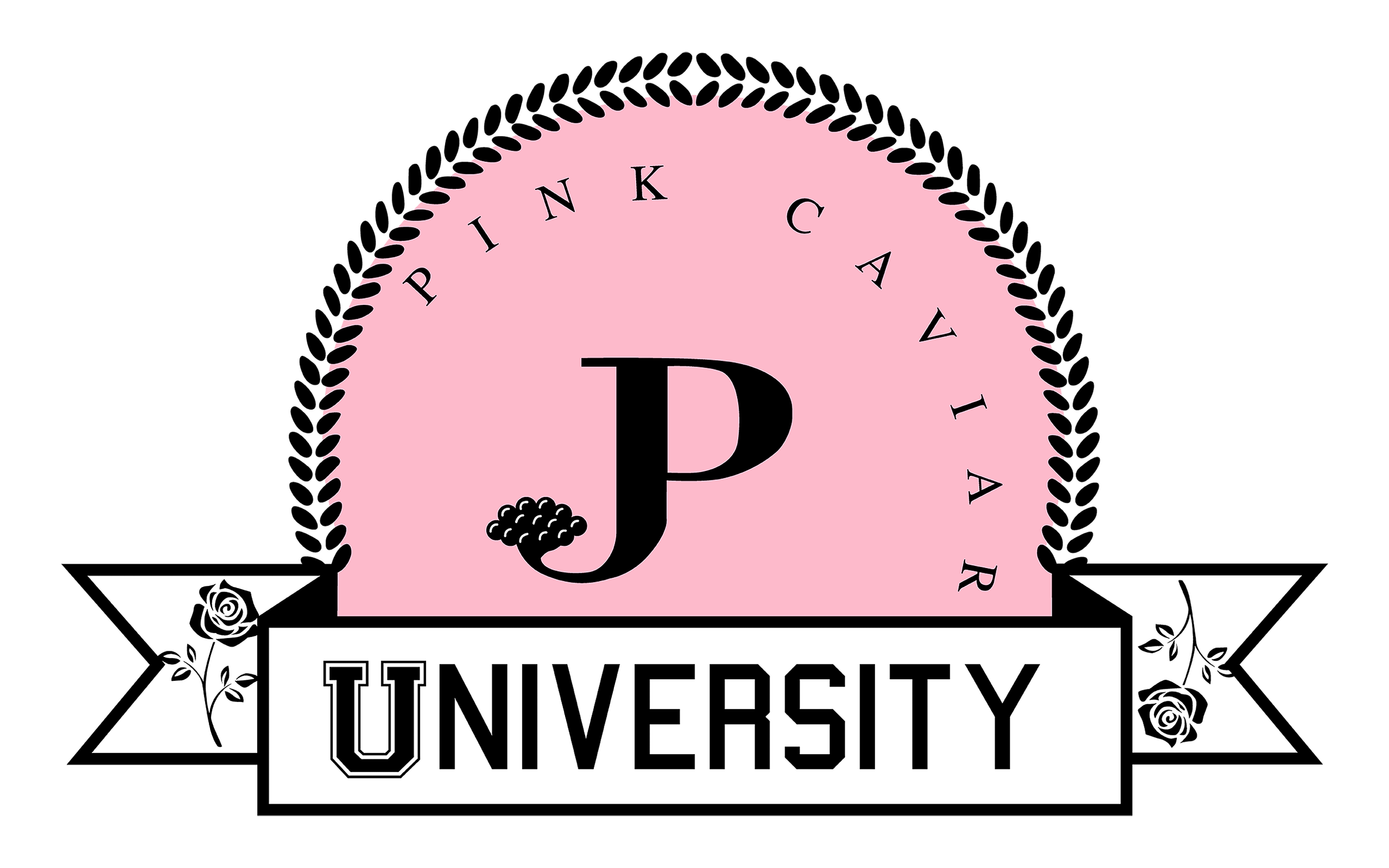 Logo of Pink Caviar University with a pink semi-circular emblem, a large black 'P' with CAVIAR detail, and a white banner reading 'UNIVERSITY' flanked by roses.