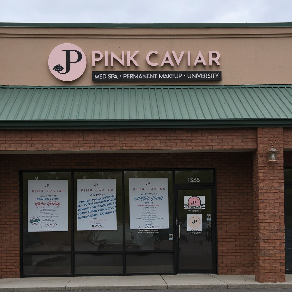 The storefront of Pink Caviar, a med spa, permanent makeup, and university, with a sign above the door displaying the business name and logo. The window displays promotional posters.