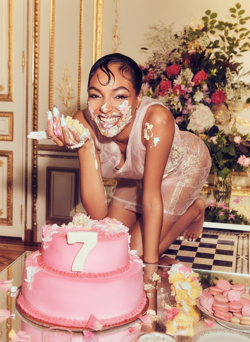 A woman celebrating her 7th birthday, covered in cake and frosting, kneeling on a table with a pink birthday cake and macarons, in a luxurious room with ornate gold details and a large bouquet of flowers in the background.